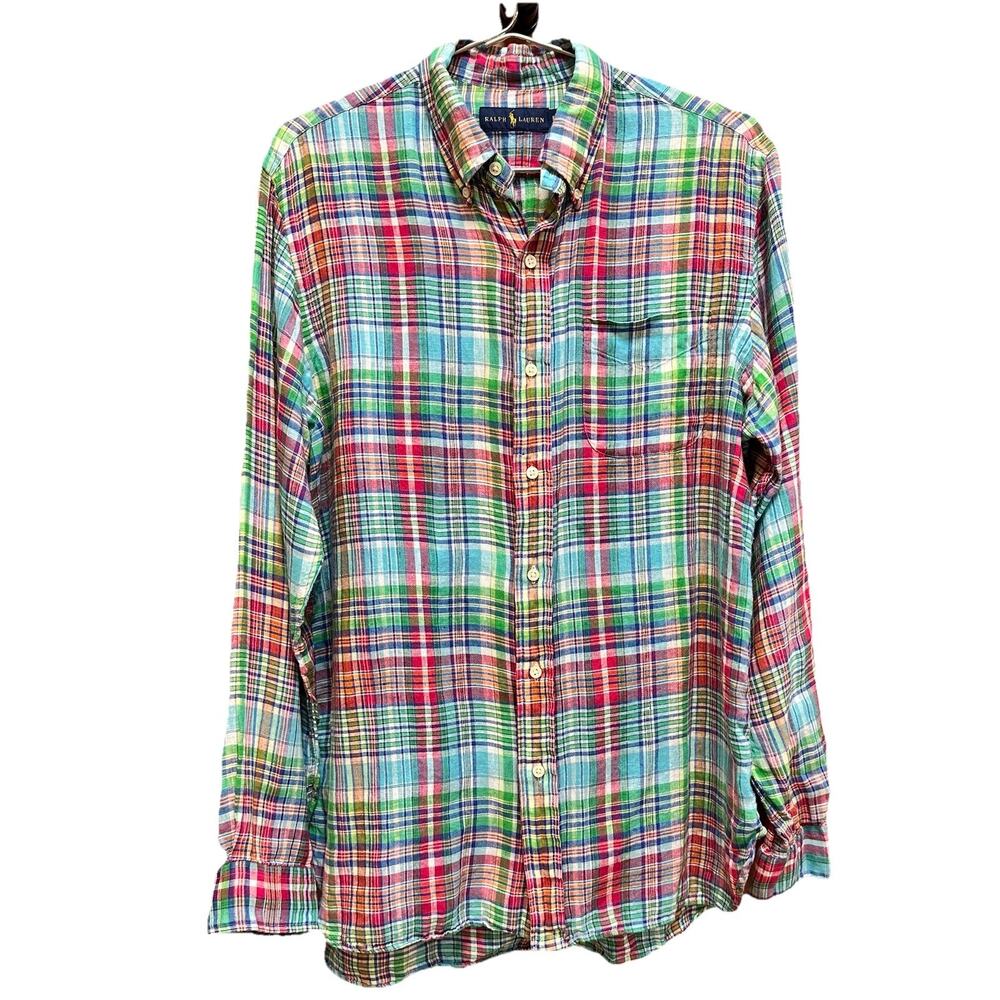 Polo Ralph Lauren Shirt L Mens Classic Fit Pink Blue Plaid Linen Cotton Madras